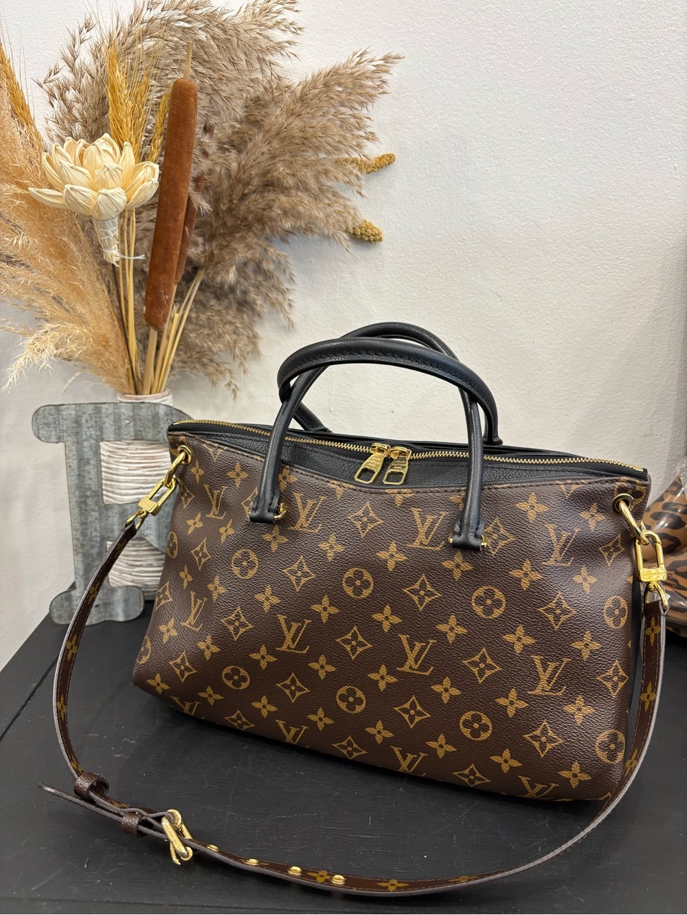 Louis Vuitton Two Tone Brown Monogram & Black Leather Authentic Pallas Purse